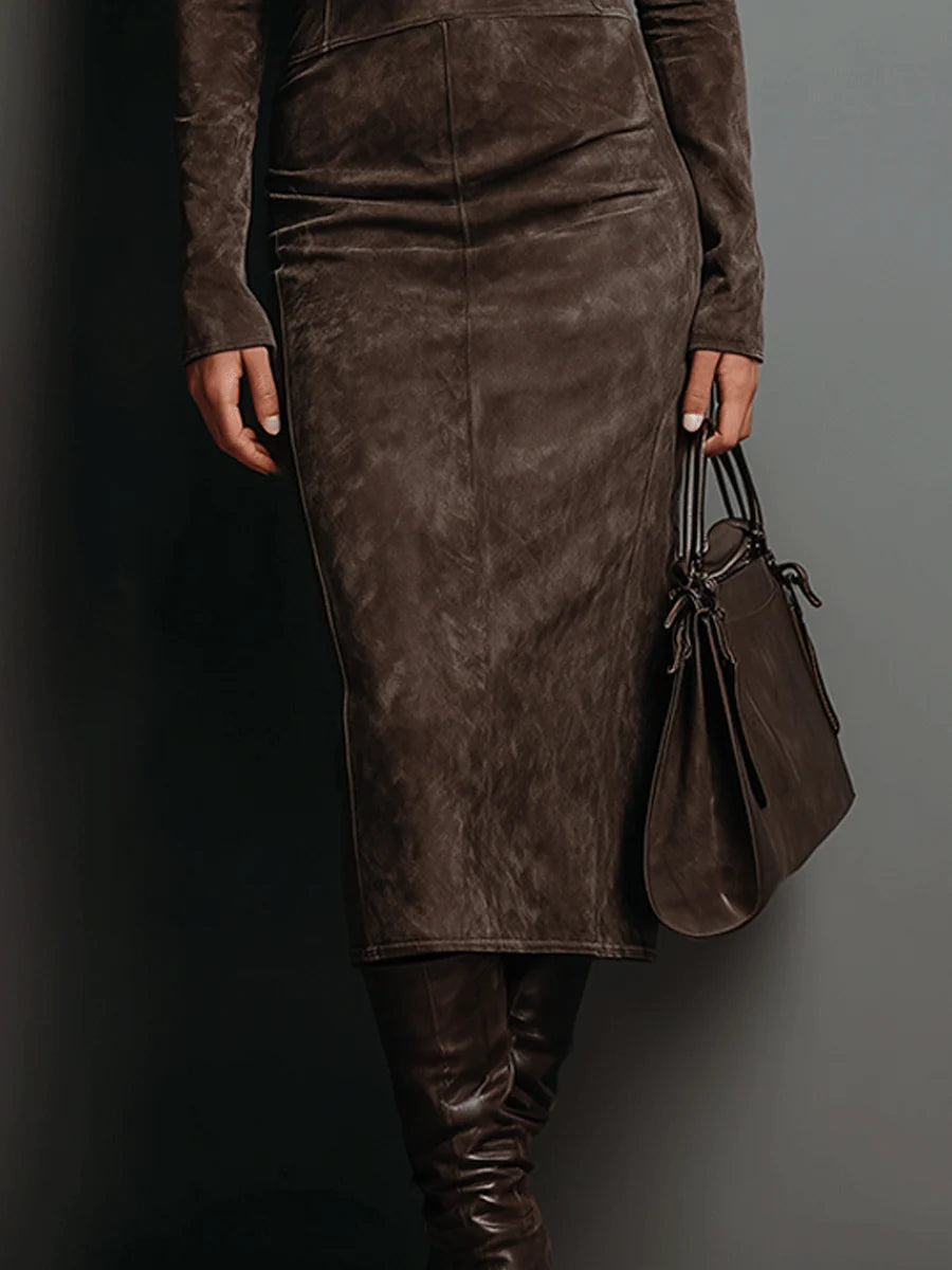 Consuelo - Vestido Midi Marrón de Efecto Ante