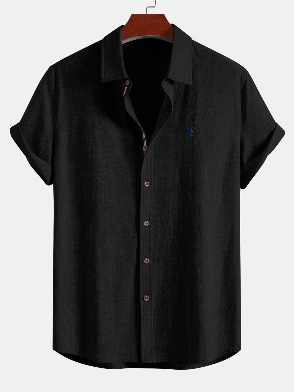 Camisa de manga corta con botones y efecto lino, y pantalones rectos con textura arrugada