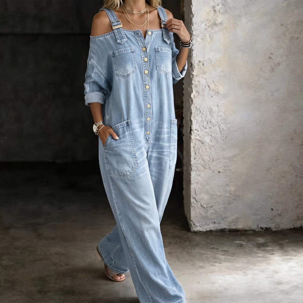 INÉS™ - Mono con hombros descubiertos, perneras anchas y bolsillos