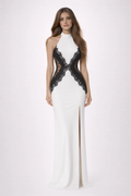 Vestido Blanco Encaje Negro Halter Maxi