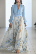 CELESTE | Vestido Maxi Bicolor Escote en V con Falda Floral
