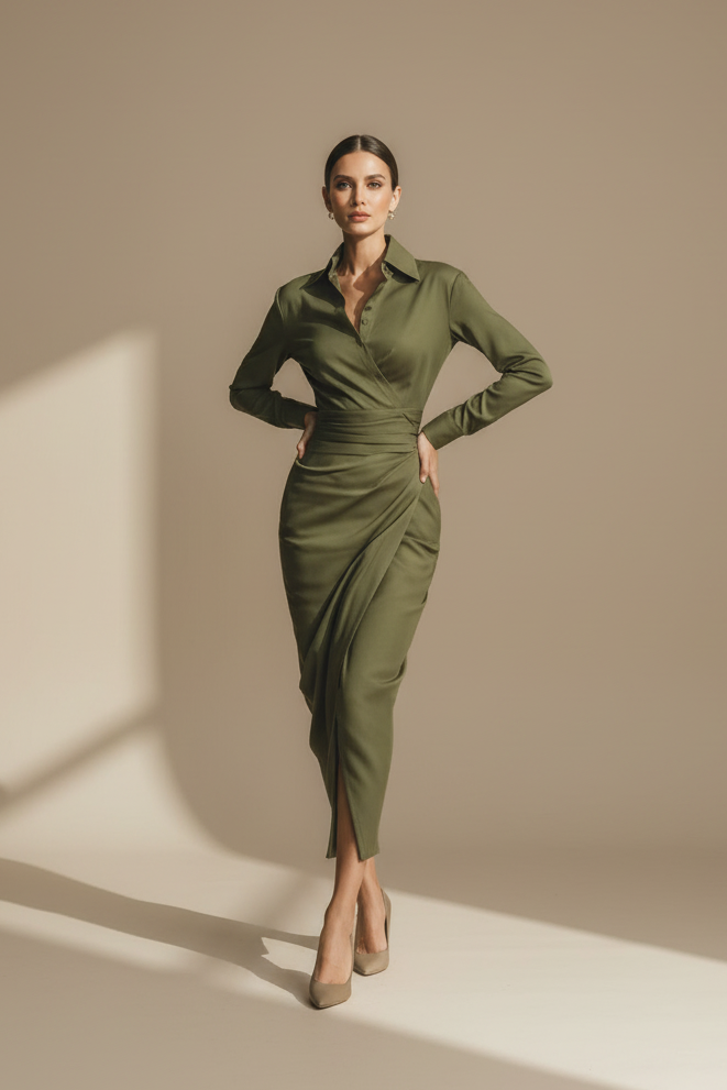 Isabella | Vestido Midi Verde Oliva con Cuello - Elegancia Atemporal