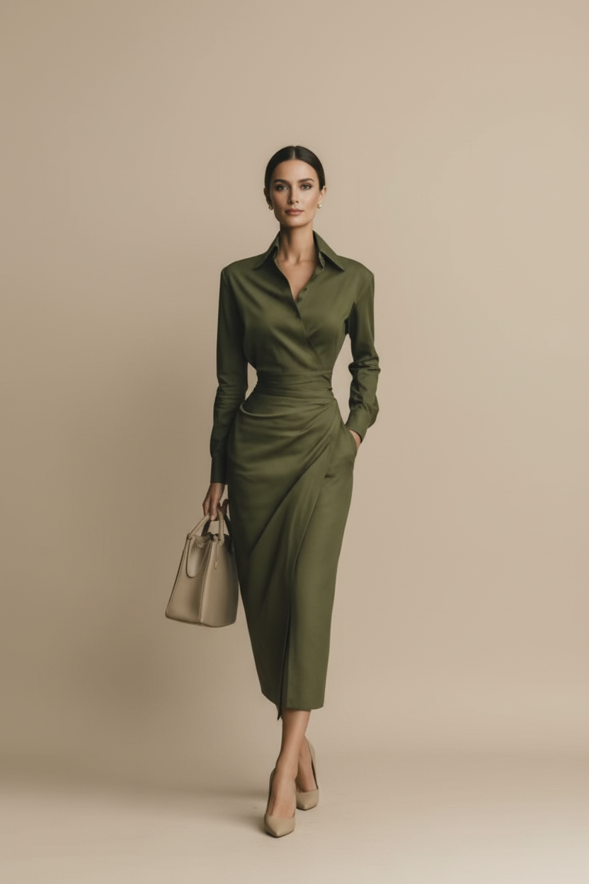 Isabella | Vestido Midi Verde Oliva con Cuello - Elegancia Atemporal