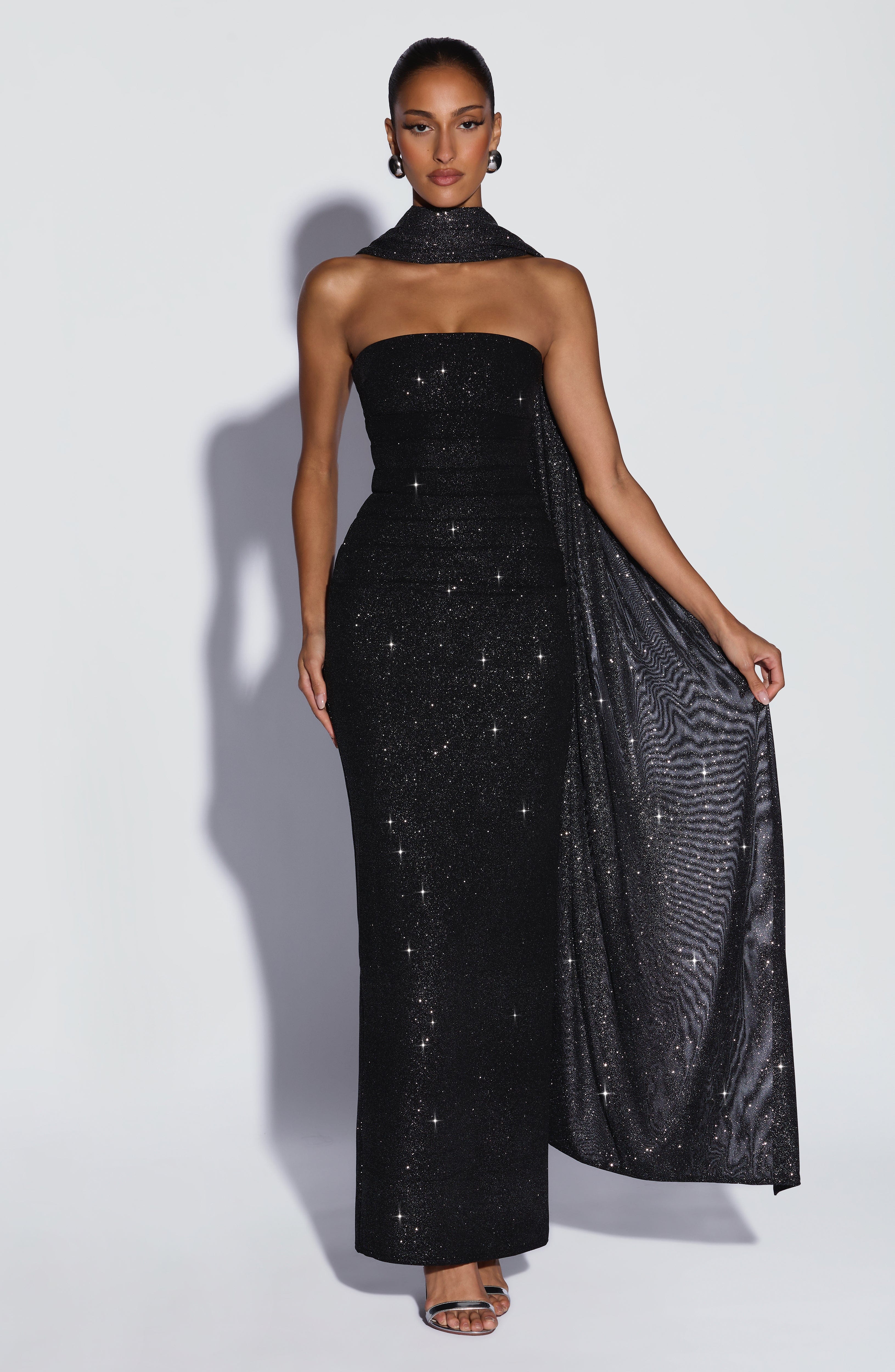 Valentina™ - Vestido de Gala en Crêpe Negro Brillo Couture
