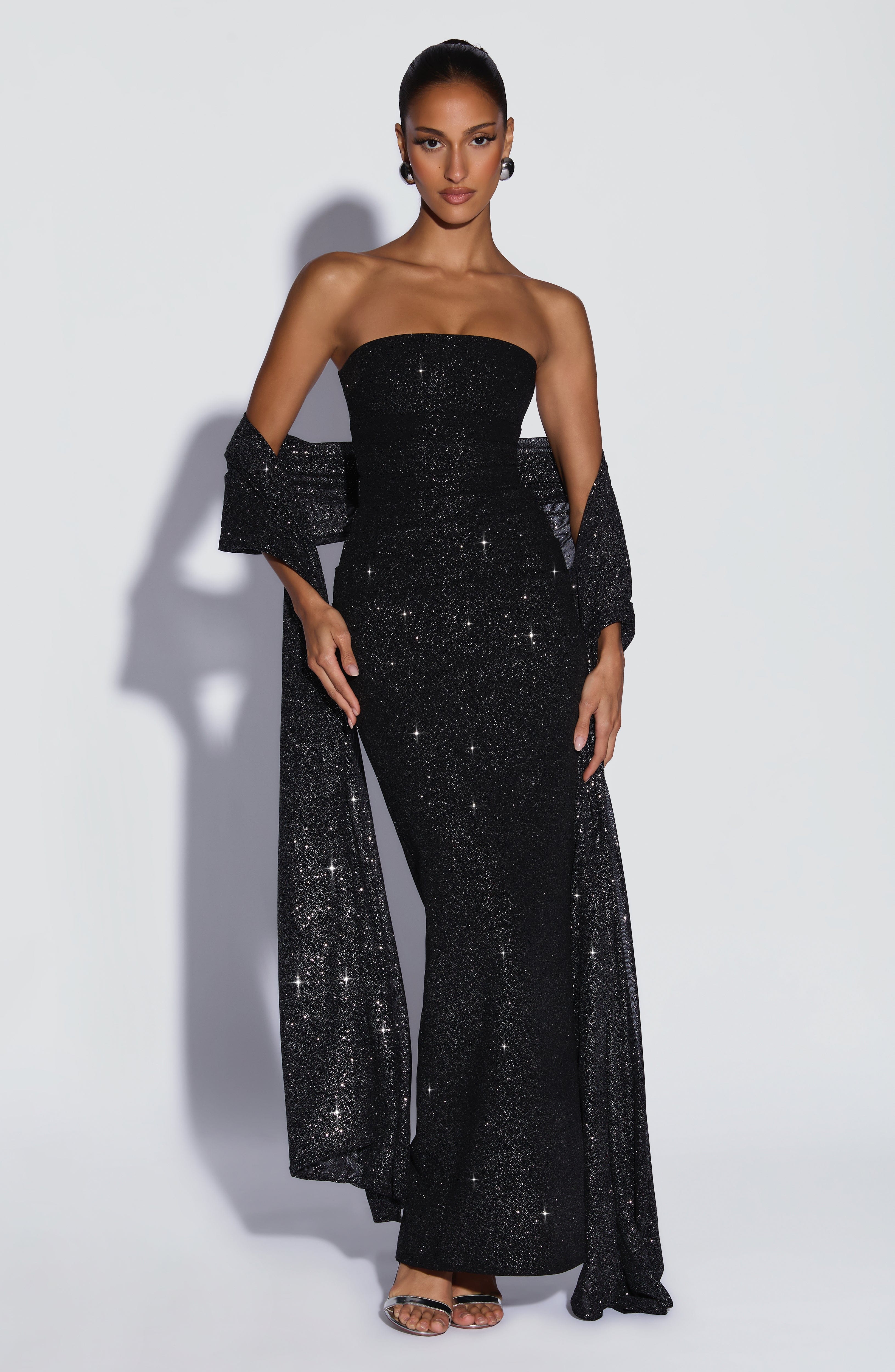 Valentina™ - Vestido de Gala en Crêpe Negro Brillo Couture