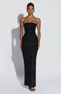 Valentina™ - Vestido de Gala en Crêpe Negro Brillo Couture