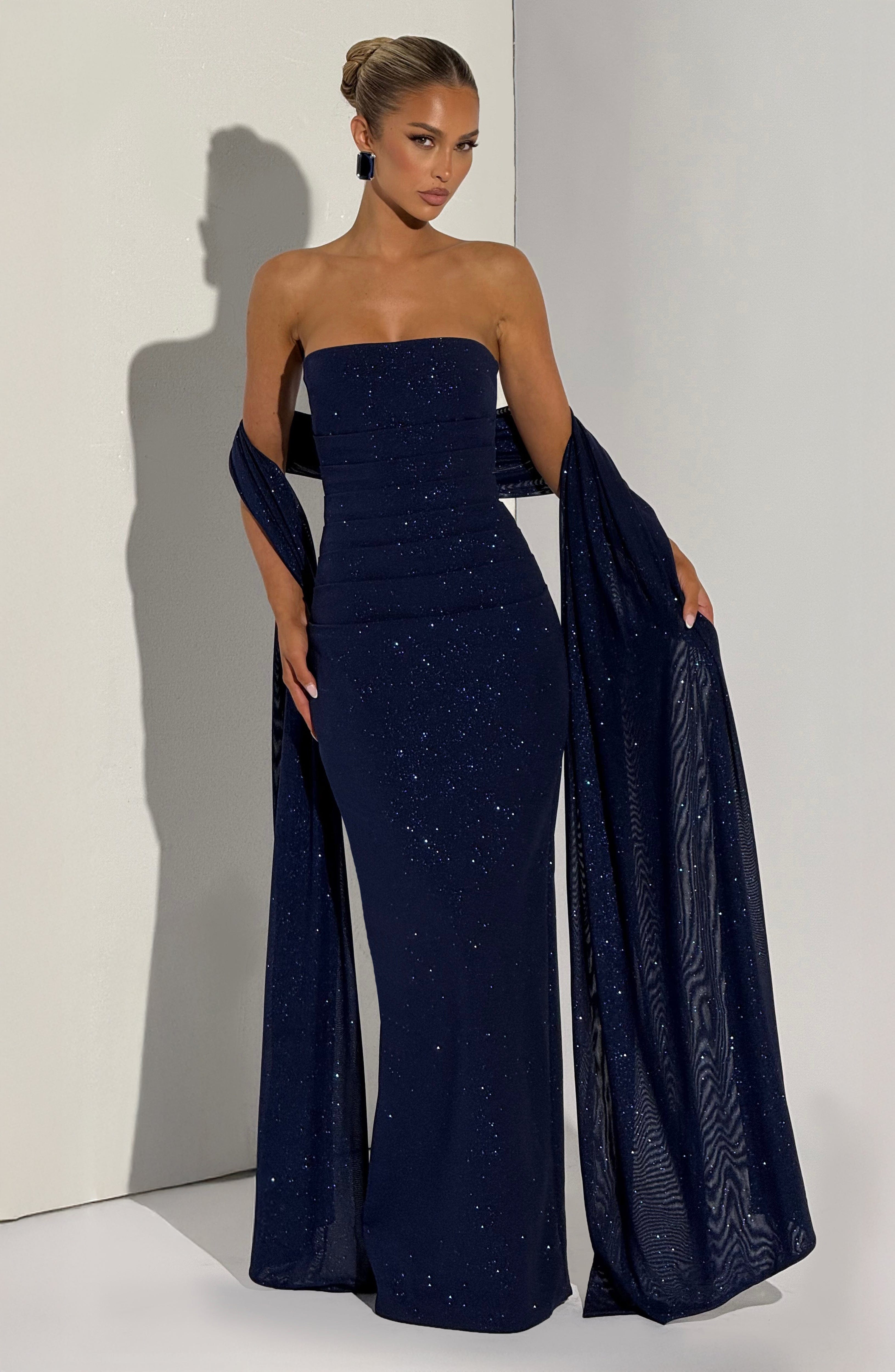 Gabriela™ - Vestido de Gala en Crêpe Azul Noche Centelleante