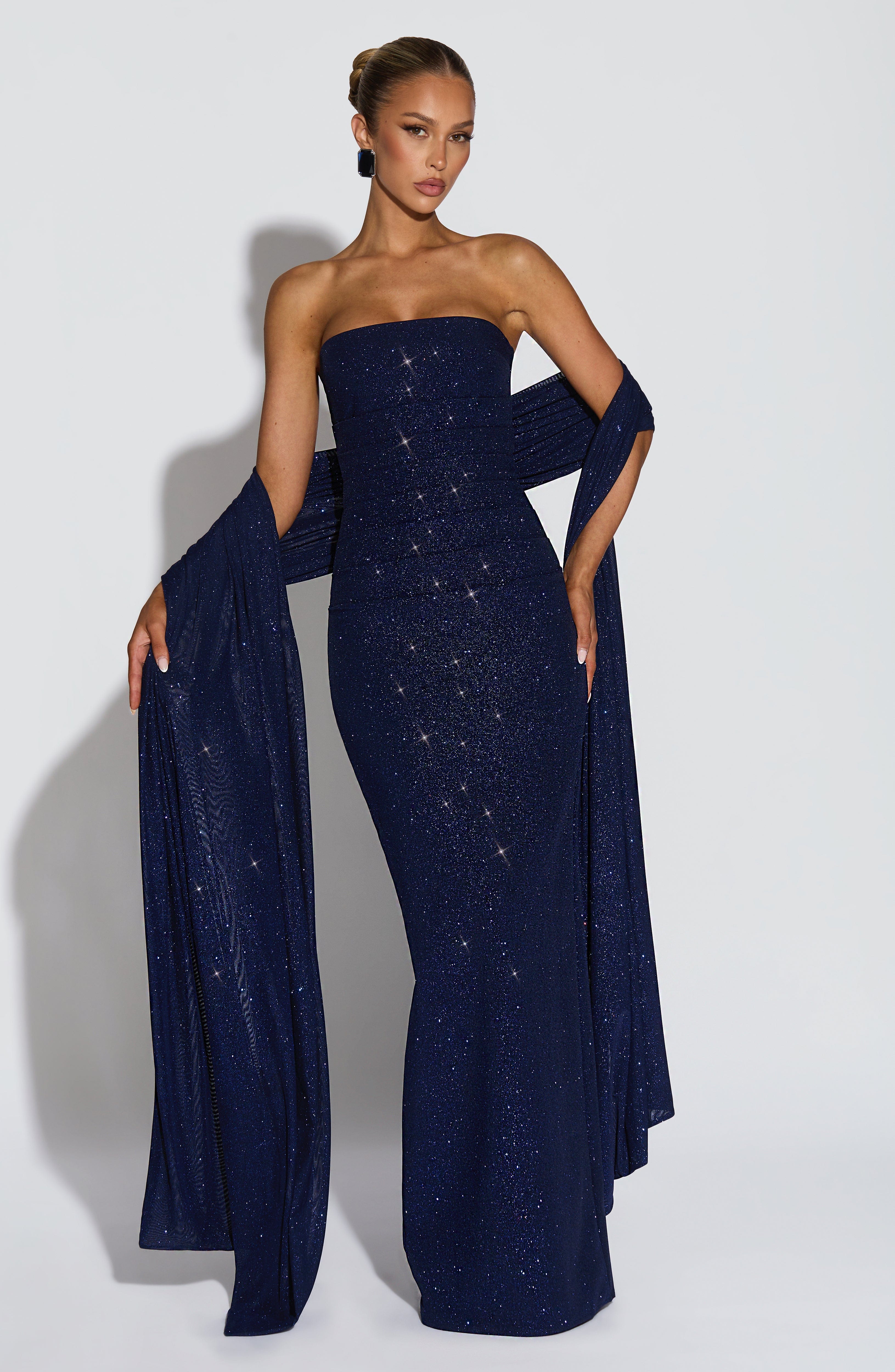 Gabriela™ - Vestido de Gala en Crêpe Azul Noche Centelleante