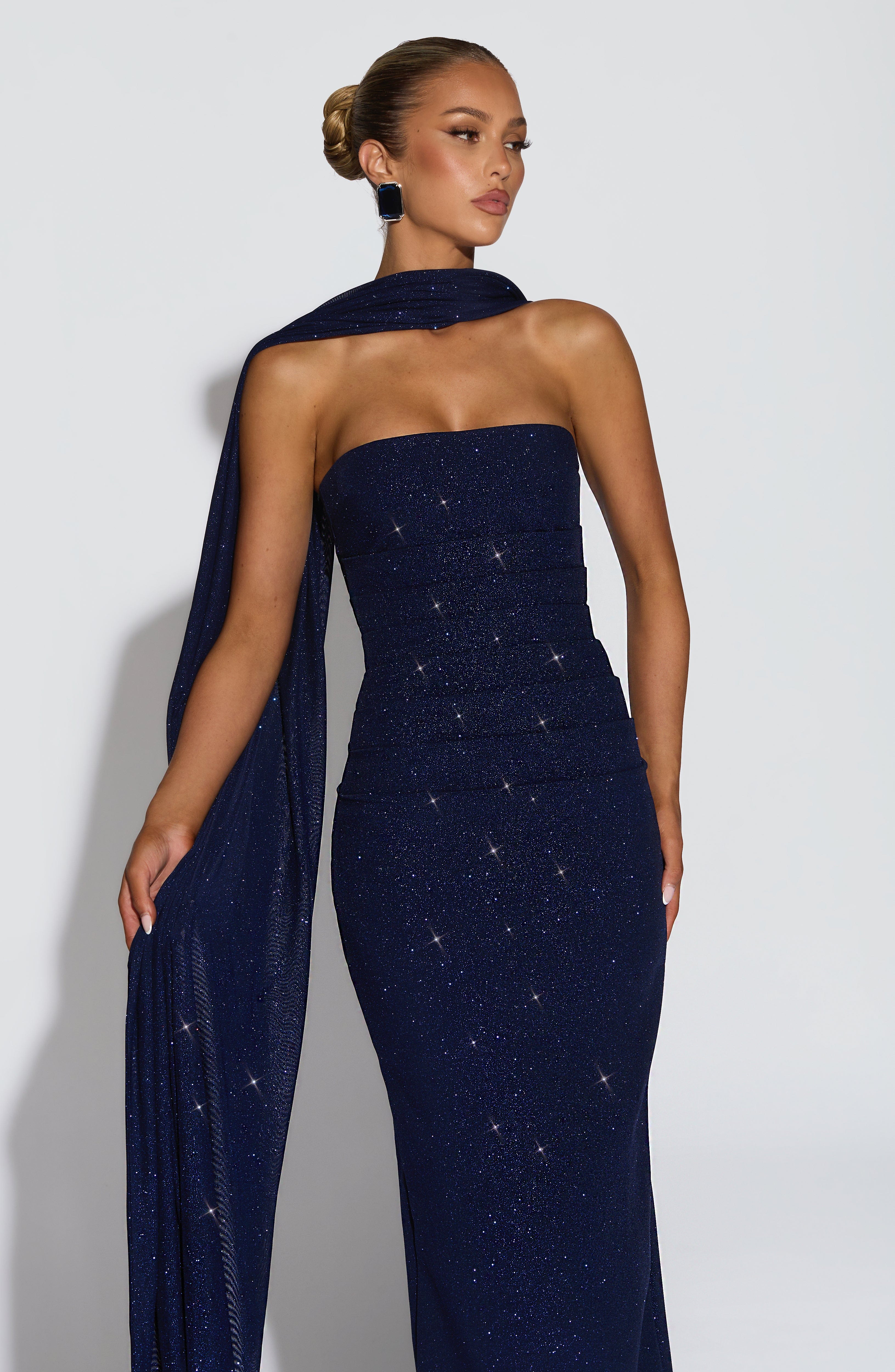 Gabriela™ - Vestido de Gala en Crêpe Azul Noche Centelleante