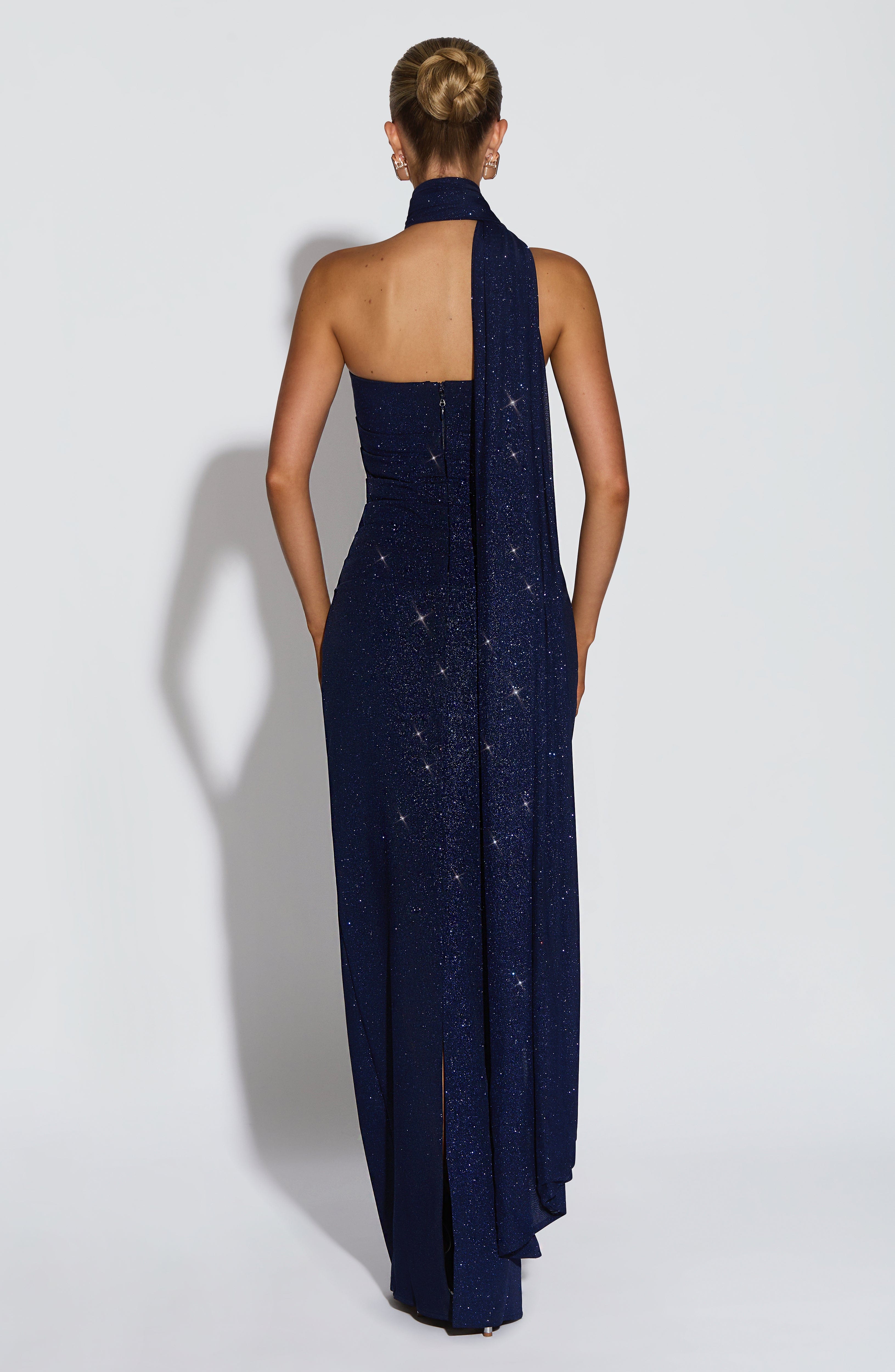 Gabriela™ - Vestido de Gala en Crêpe Azul Noche Centelleante