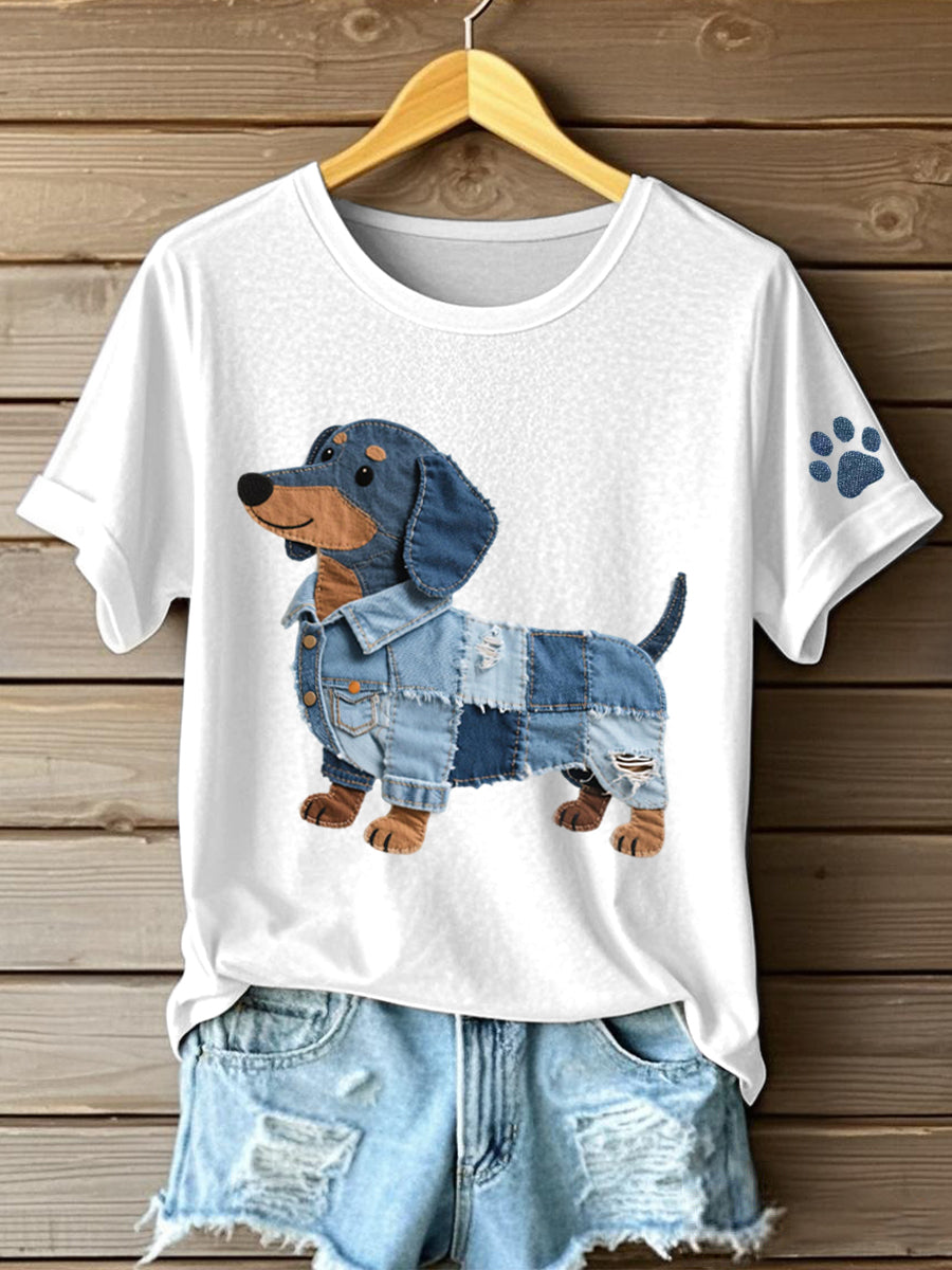 Ciela - Camiseta de Arte Patchwork Denim con Patrón de Dachshund