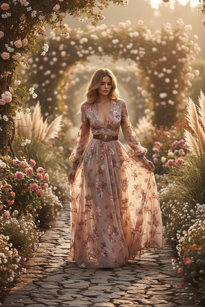 Florencia | Vestido largo bohemio con bordados florales