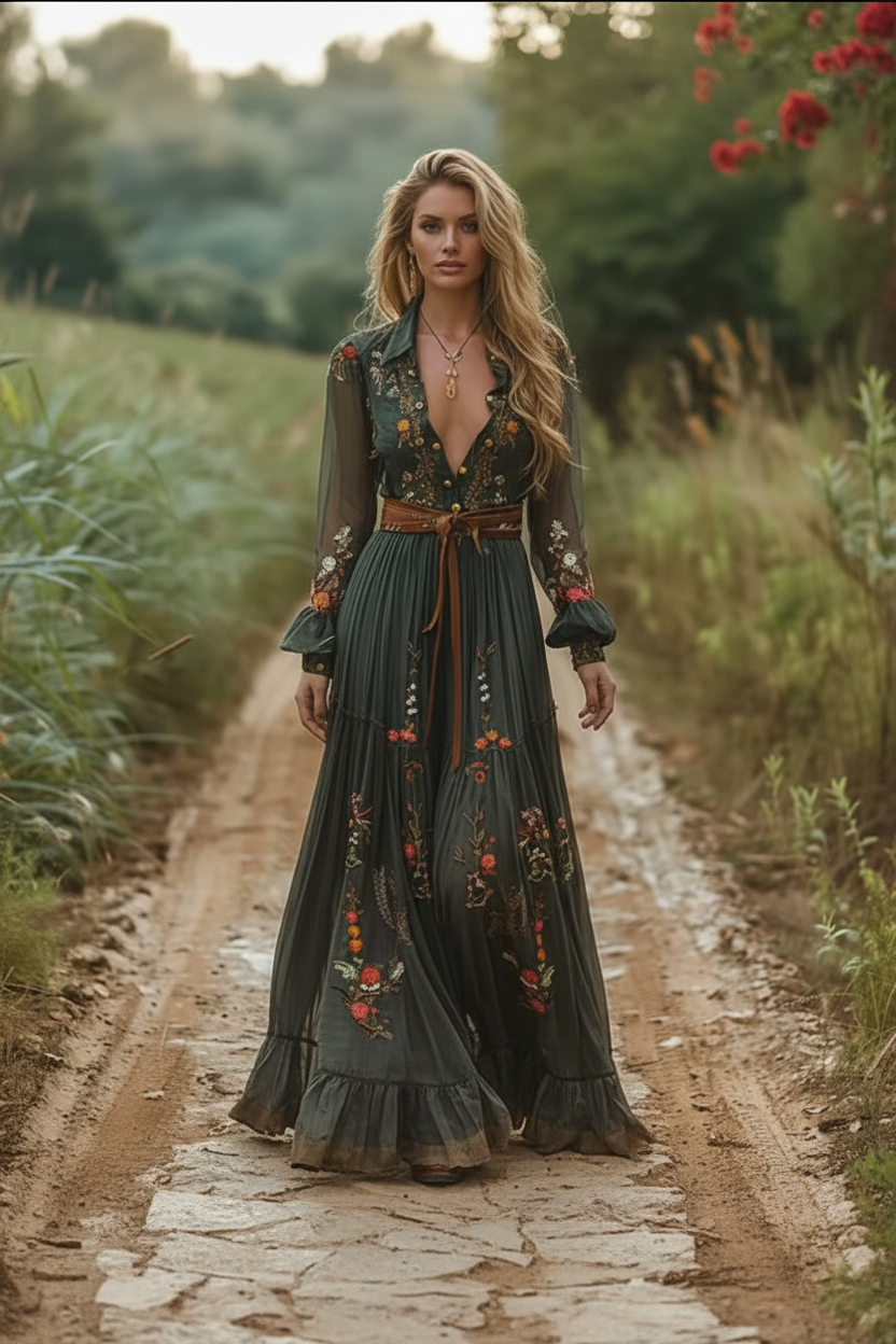 Florencia | Vestido largo bohemio con bordados florales