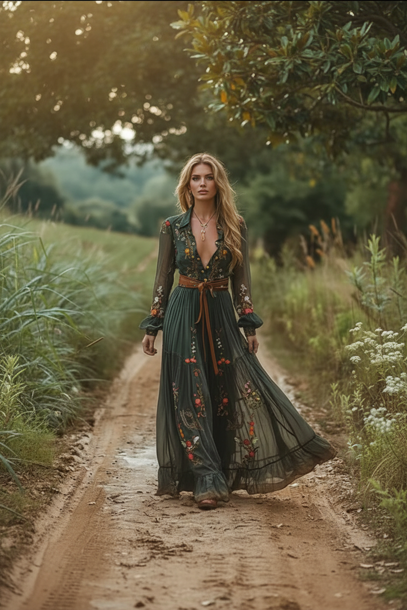 Florencia | Vestido largo bohemio con bordados florales