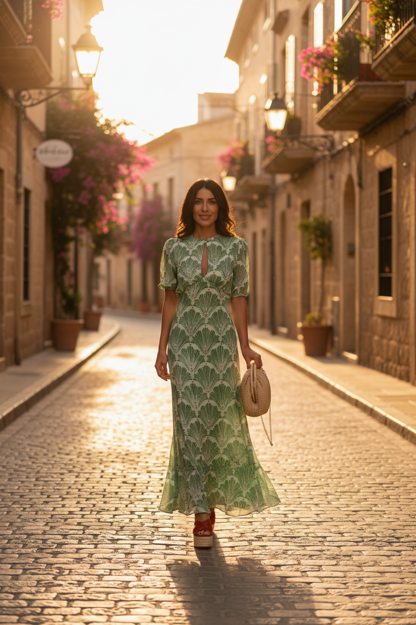 Gabriela | Vestido largo con estampado art déco verde