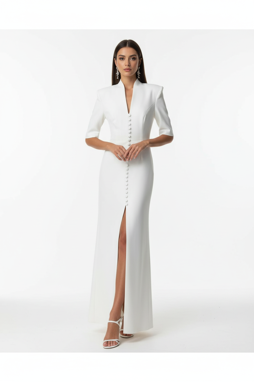 Vestido Blanco Elegante con Botones y Hombros Estructurados