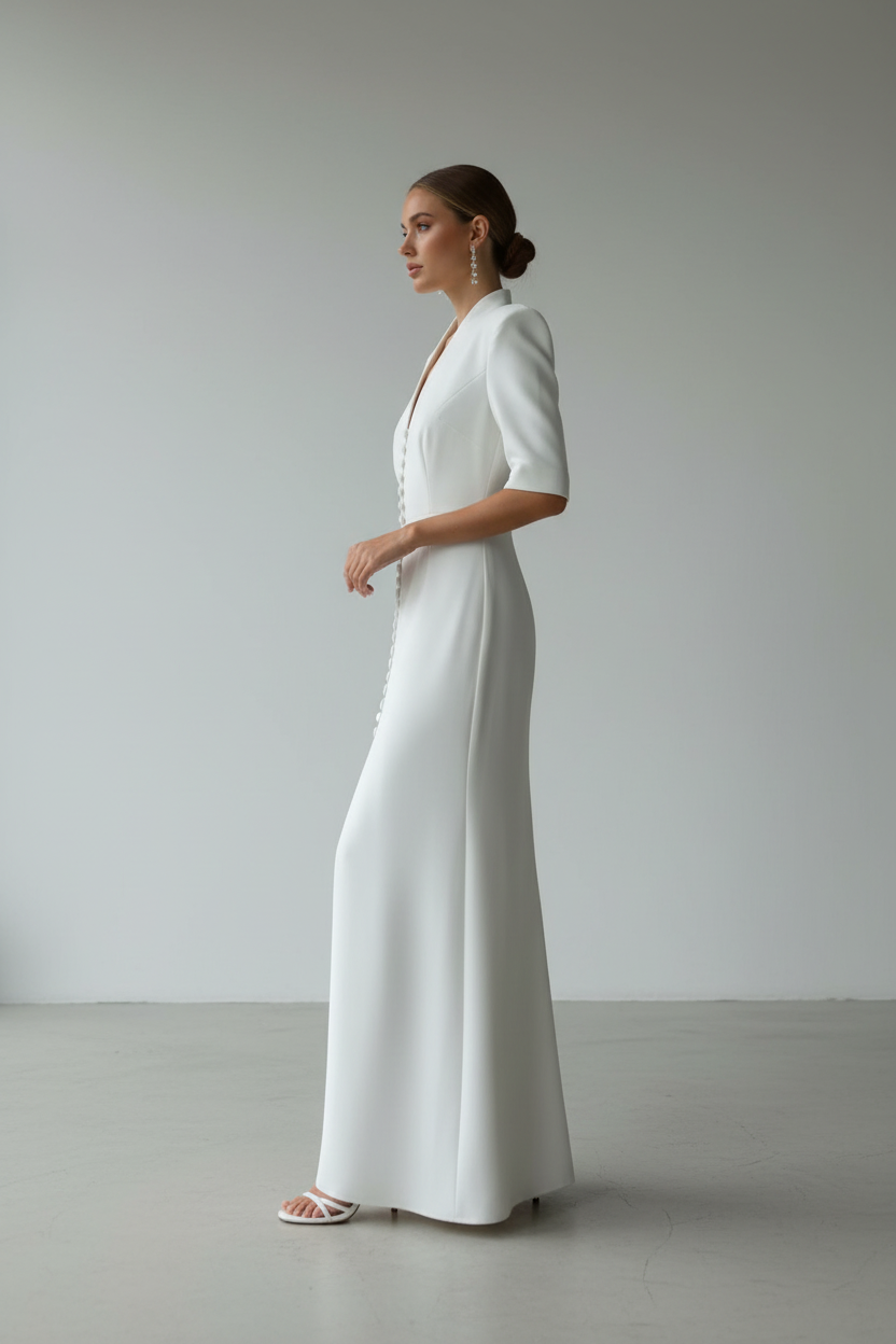 Vestido Blanco Elegante con Botones y Hombros Estructurados