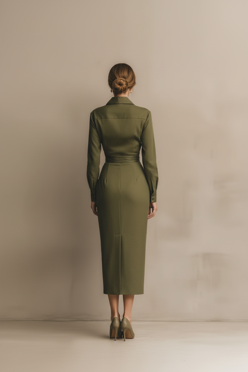 Isabella | Vestido Midi Verde Oliva con Cuello - Elegancia Atemporal